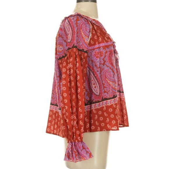 Boteh Kaleido Ruby Red Ruffle Smock Linen Cotton Peasant Blouse 1 S $235 - Picture 6 of 11